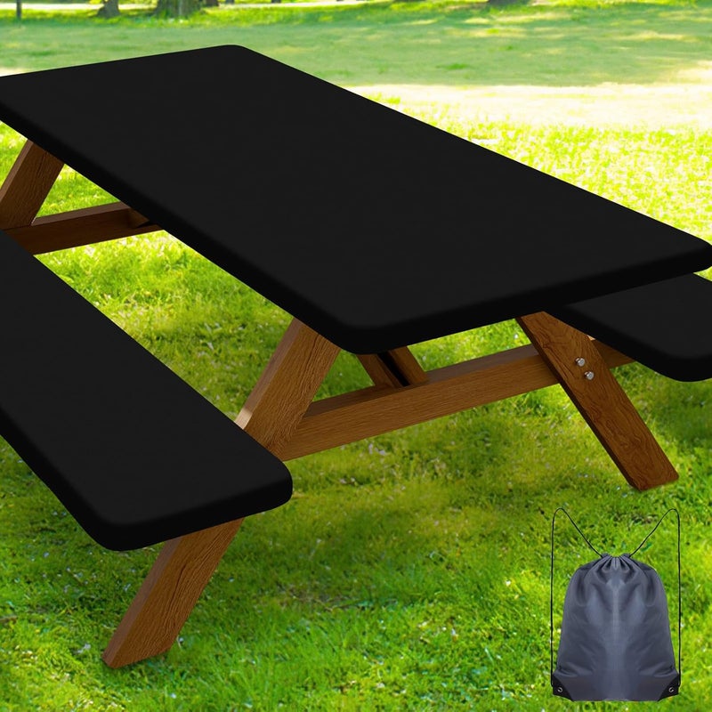 smiry Picnic Table Cover with Bench Covers, Waterproof Elastic Fitted Polyester Tablecloths for 8 Ft Rectangle Tables, Washable Windproof Tablecloth for Camping, RV & Outdoor (Black, 30x96 Inches) - Image 1